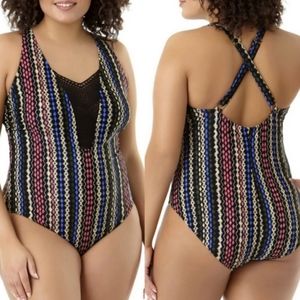 Boho Crochet Aztec Stripe Print Modest One Piece Swim Size XL (16-18)
